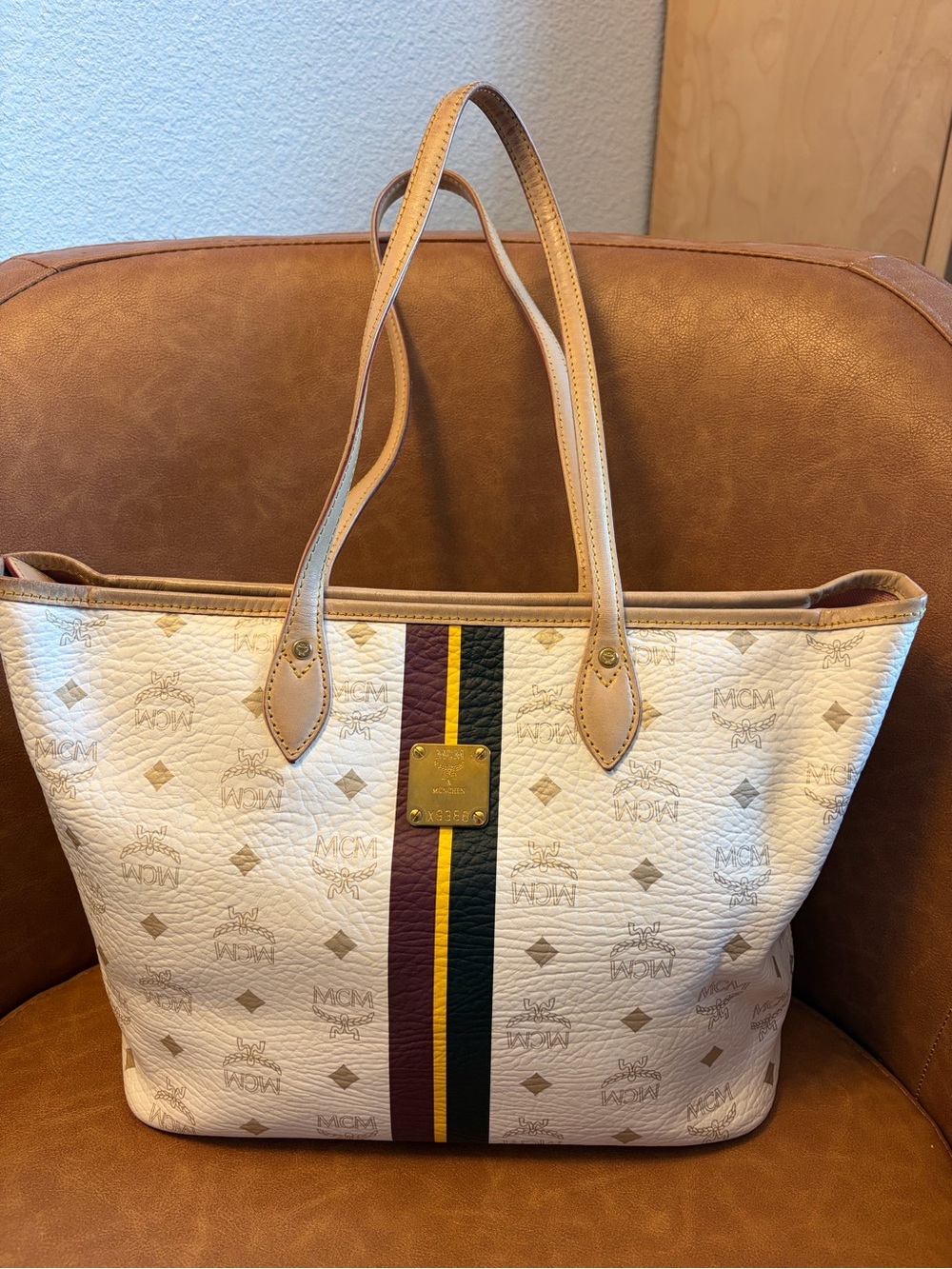 MCM Visetos White Logo Stripe Leather Shopper Tote with Multicolor Center Stripe